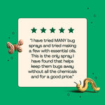 Customer testimonial card with five-star graphic and quote about a bug spray on a green background with cartoon insect art.