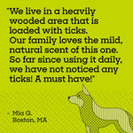 Green testimonial panel with customer quote about ticks and a simple line-art dog illustration