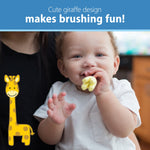 Smiling baby bringing the giraffe-shaped training toothbrush to their mouth with a playful giraffe graphic.