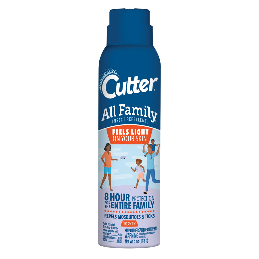 Tall blue aerosol can of Cutter All Family insect repellent with family illustration and product text on label.