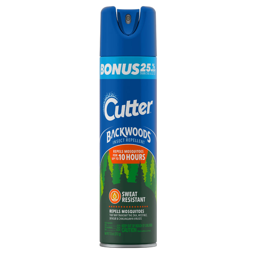 Tall blue aerosol can of Cutter Backwoods insect repellent with forest graphic and 'BONUS' band at the top