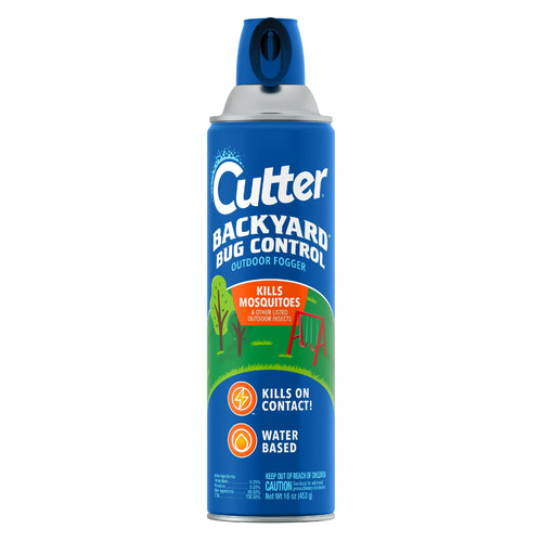 Tall blue aerosol can of Cutter Backyard Bug Control outdoor fogger with label icons and spray nozzle visible