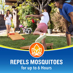 Family backyard scene with people playing cornhole and a badge graphic reading repels mosquitoes for up to 6 hours
