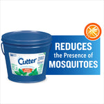Blue Cutter outdoor candle bucket with label shown beside text 'reduces the presence of mosquitoes' graphic