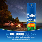 Cutter Backwoods can displayed in front of a nighttime camping scene with tent, campfire and starry sky, 'For outdoor use only' text below.