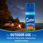 Cutter Backwoods can pictured beside a campsite at night with text 'For OUTDOOR USE Only' promoting outdoor settings