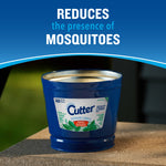 Blue Cutter outdoor candle placed on a stone ledge with text overlay ‘reduces the presence of mosquitoes’.