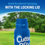 Graphic showing top portion of Cutter Dry can with arrow indicating a rotating locking lid and text about avoiding accidental spraying