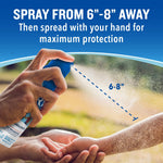 Instructional image showing a hand spraying Cutter Dry onto another person's forearm with recommended 6–8" distance