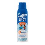 Tall blue aerosol can of Cutter Dry insect repellent with unscented label and family illustration