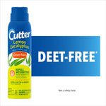 Single Cutter Lemon Eucalyptus aerosol can with large DEET-FREE graphic to the right on a white background.