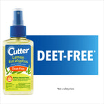 Bottle of Cutter Lemon Eucalyptus insect repellent spray next to large DEET-FREE label on blue background