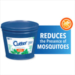 Blue Cutter outdoor candle tub with label and graphic reading reduces the presence of mosquitoes on white background.