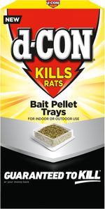 Close-up front-facing box artwork for d-CON Bait Pellet Trays with bold logo and product name