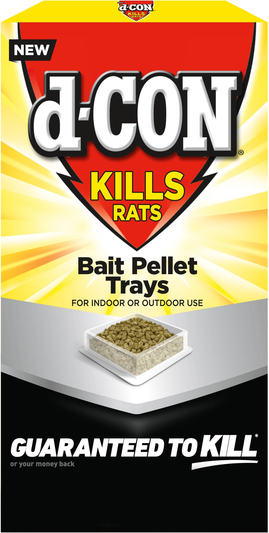 Bright yellow and red d-CON package front reading “Kills Rats” and “Bait Pellet Trays” with pellet tray illustration