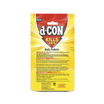 Back of a d-CON bait pellets pouch showing directions, storage and disposal text and small product information panel on yellow packaging.