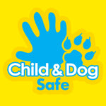 Bright yellow graphic with blue hand and paw icons and text 'Child & Dog Safe' indicating safety messaging