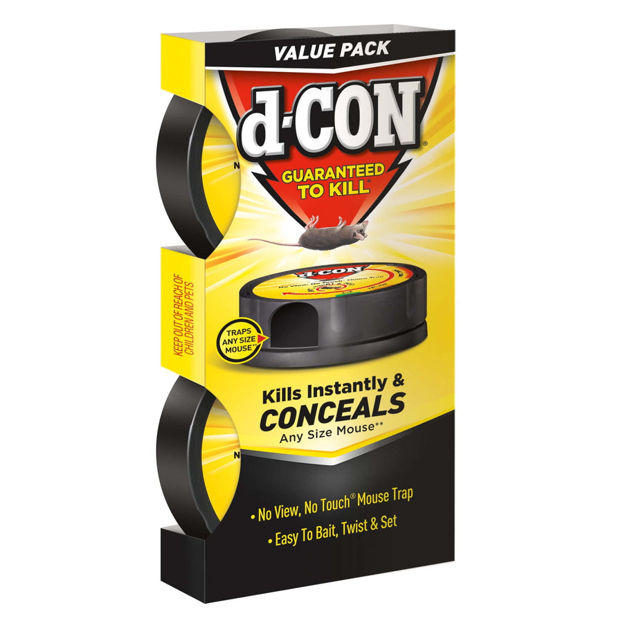 d-CON branded yellow and black retail box showing a covered round mouse trap with product name and 'Kills Instantly & Conceals' text
