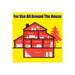 Illustrated cross-section of a house on yellow background showing recommended rooms for placing d-CON traps around the home