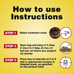 Instructional graphic titled 'How to use Instructions' with step boxes and images showing bait pellets and placement guidance.