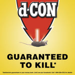 Large d-CON logo arrow pointing down at a graphic of a mouse with bold 'GUARANTEED TO KILL' text on a yellow background.