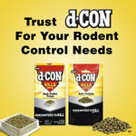 d-CON branding graphic with two product packages and piles of bait pellets on a yellow background and 'Trust d-CON For Your Rodent Control Needs' text.