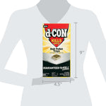 Scale graphic showing d-CON bait pellet trays box dimensions against a gray mannequin silhouette for size reference