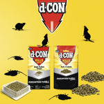 Promotional scene with d-CON pellet trays and bait pellets pouch on yellow background with black rodent silhouettes and loose pellets.