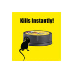Round covered d-CON mouse trap on a yellow background with black silhouette of a mouse and 'Kills Instantly!' headline