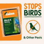 Graphic ad layout showing packaged Dalen Bird-X netting and bold text 'STOPS BIRDS' with a crossed-out bird icon.