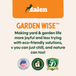 Brand panel with 'dalen' logo and 'GARDEN WISE' headline plus badges including a circular conservation emblem.