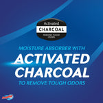 Blue infographic panel with DampRid activated charcoal badge and large text announcing activated charcoal to remove tough odors