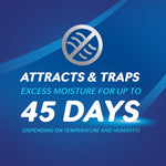 Blue promotional graphic stating attracts and traps excess moisture for up to 45 days with a moisture icon