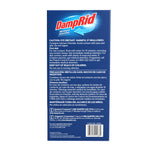 DampRid packaging back panel with caution text, safety instructions and contact information on blue background