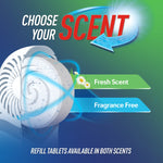 Promotional graphic 'Choose Your Scent' showing the DampRid tablet and labels for Fresh Scent and Fragrance Free