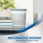 Decorative DampRid canister placed on a shelf next to a plant and books, styled to blend with home decor.