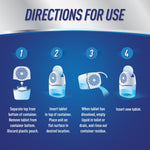 Step-by-step directions graphic showing how to separate, insert, dispose, and replace the DampRid tablet