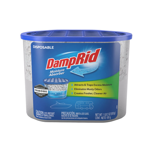 DampRid disposable moisture absorber container with blue vented lid and product label showing charcoal graphic