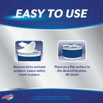 Instructional graphic titled “Easy to Use” showing remove lid to activate and place on a flat surface with icons