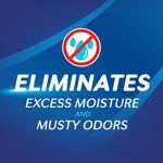 Graphic panel reading “Eliminates excess moisture and musty odors” with a crossed-out water-drop icon on blue background.