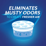 Illustration of a DampRid cup with droplets and headline “Eliminates Musty Odors to Create Fresher Air” on blue background