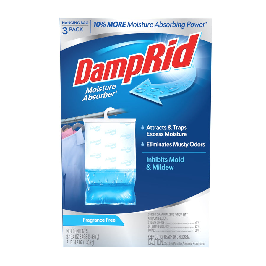 Front-facing box of DampRid hanging moisture absorber in blue packaging showing product image and benefits