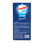 DampRid panel showing illustrated hanging bag with hook and instructions on a dark blue background