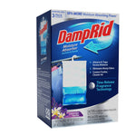 Angled view of DampRid packaging showing front and side panels, lavender vanilla scent and product graphic