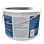Rear view of a DampRid tub showing caution and first aid text on the product label