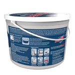 Side view of DampRid hi-capacity tub showing usage instructions and suggested uses icons