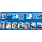 Close-up product instruction panel showing icons for directions and suggested uses like closets, bathrooms and garages