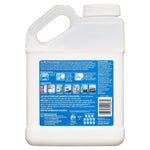 Rear view of white DampRid refill jug showing back label with directions, warnings and suggested use icons