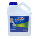 White plastic jug of DampRid moisture absorber refill with blue label and handle, front view on white background