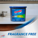 Photograph of a DampRid moisture absorber placed on a bathroom countertop with ‘Fragrance Free’ text at the bottom